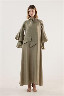 Kolları Volanlı Işıltılı Elbise Haki