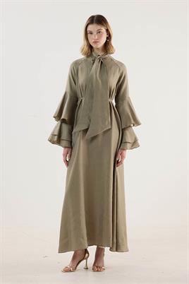 Kolları Volanlı Işıltılı Elbise Haki