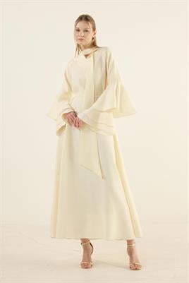 Kolları Volanlı Işıltılı Elbise Soft Sarı