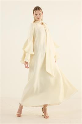 Kolları Volanlı Işıltılı Elbise Soft Sarı