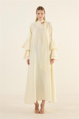 Kolları Volanlı Işıltılı Elbise Soft Sarı