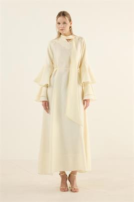 Kolları Volanlı Işıltılı Elbise Soft Sarı