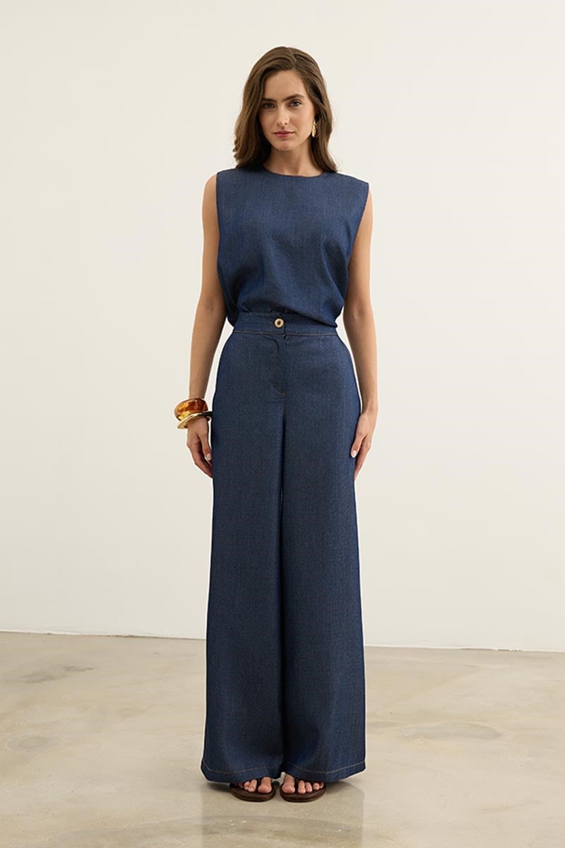 Kolsuz Tensel Denim Bluz Lacivert