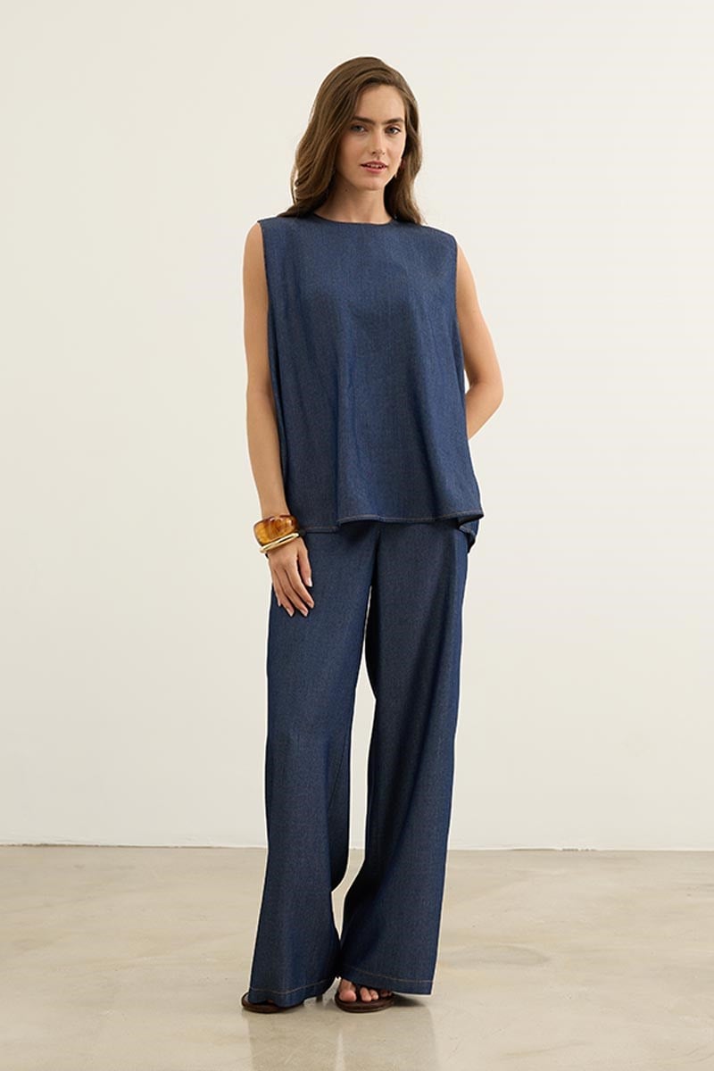 Kolsuz Tensel Denim Bluz Lacivert