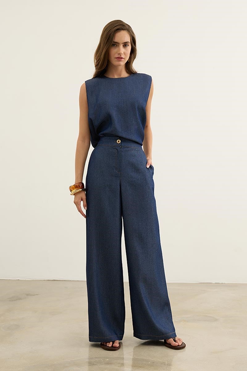 Kolsuz Tensel Denim Bluz Lacivert