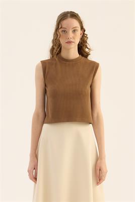 Kolsuz Triko Bluz Koyu camel