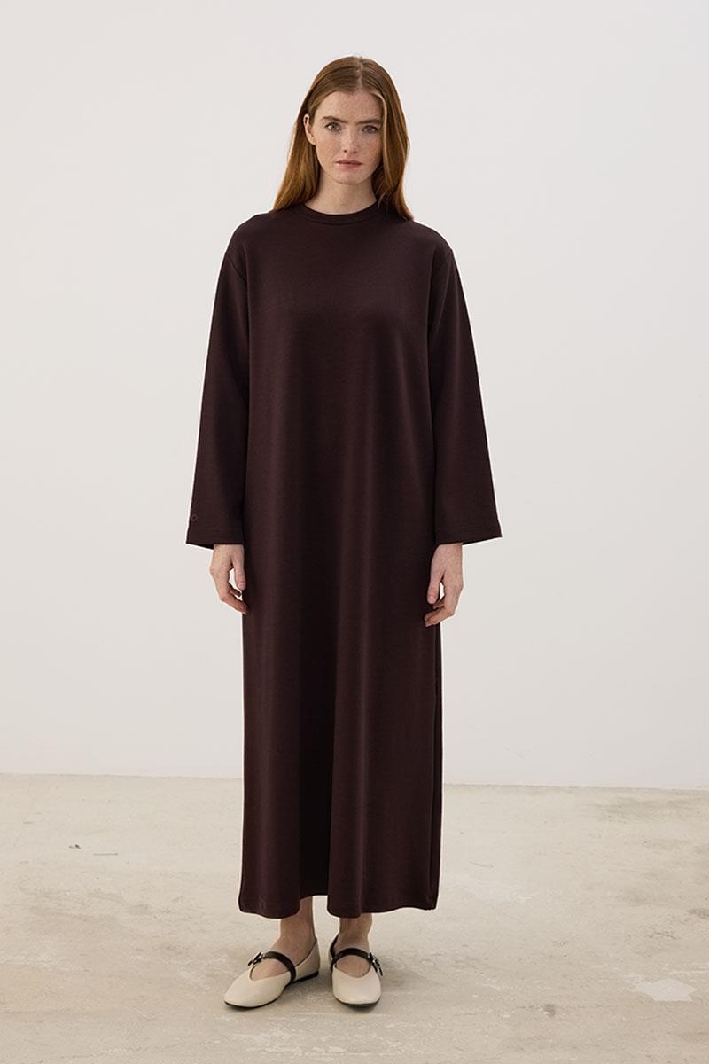 Kolu Nakışlı Sweatshirt Elbise Acı kahve