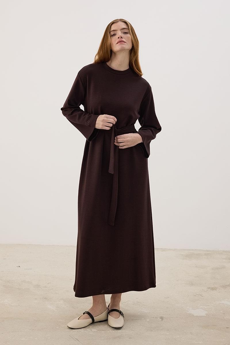 Kolu Nakışlı Sweatshirt Elbise Acı kahve