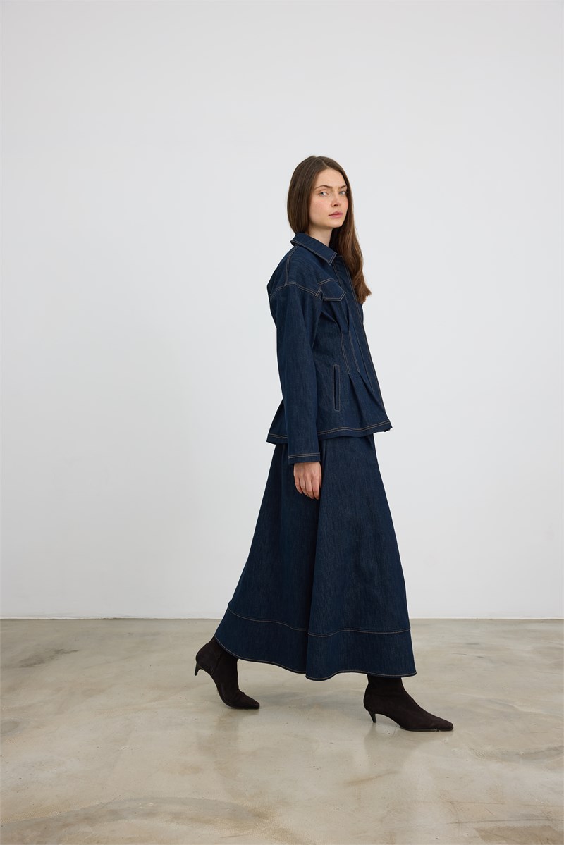 Kontrast Dikişli Denim Ceket Lacivert