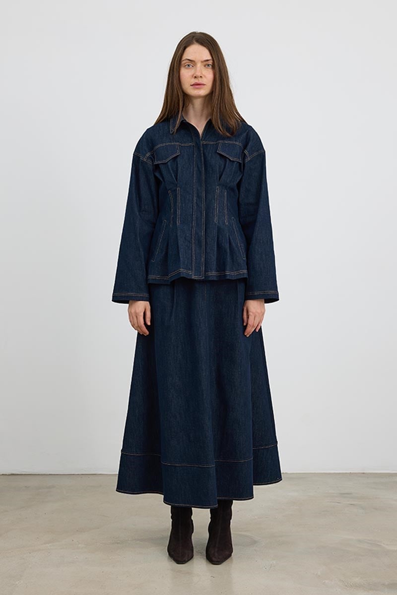 Kontrast Dikişli Denim Ceket Lacivert