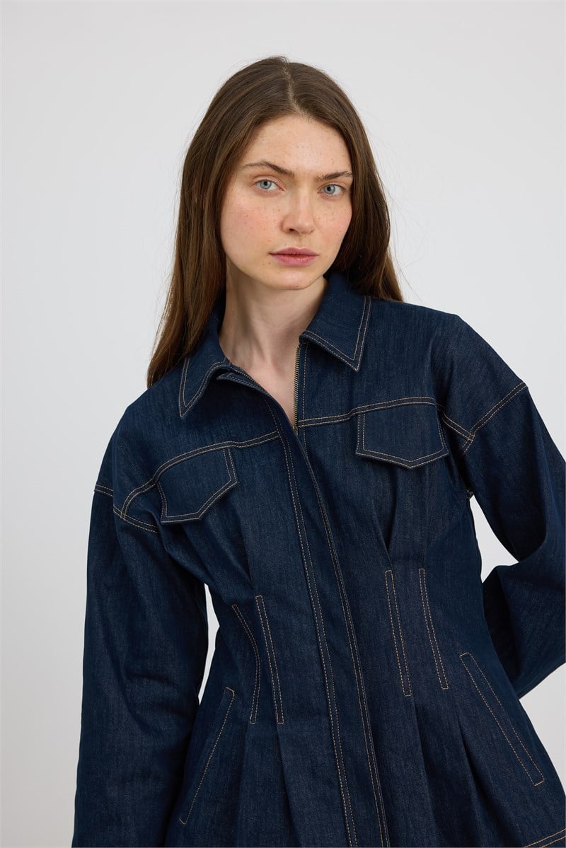 Kontrast Dikişli Denim Ceket Lacivert