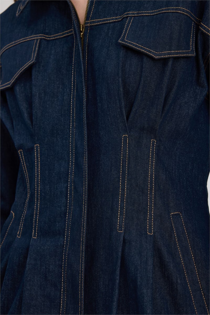 Kontrast Dikişli Denim Ceket Lacivert