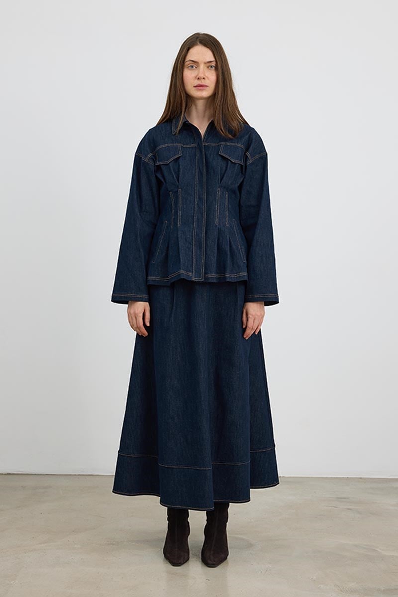 Kontrast Dikişli Denim Etek Lacivert