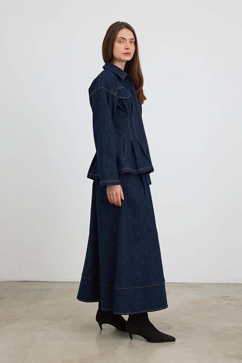 Kontrast Dikişli Denim Etek Lacivert