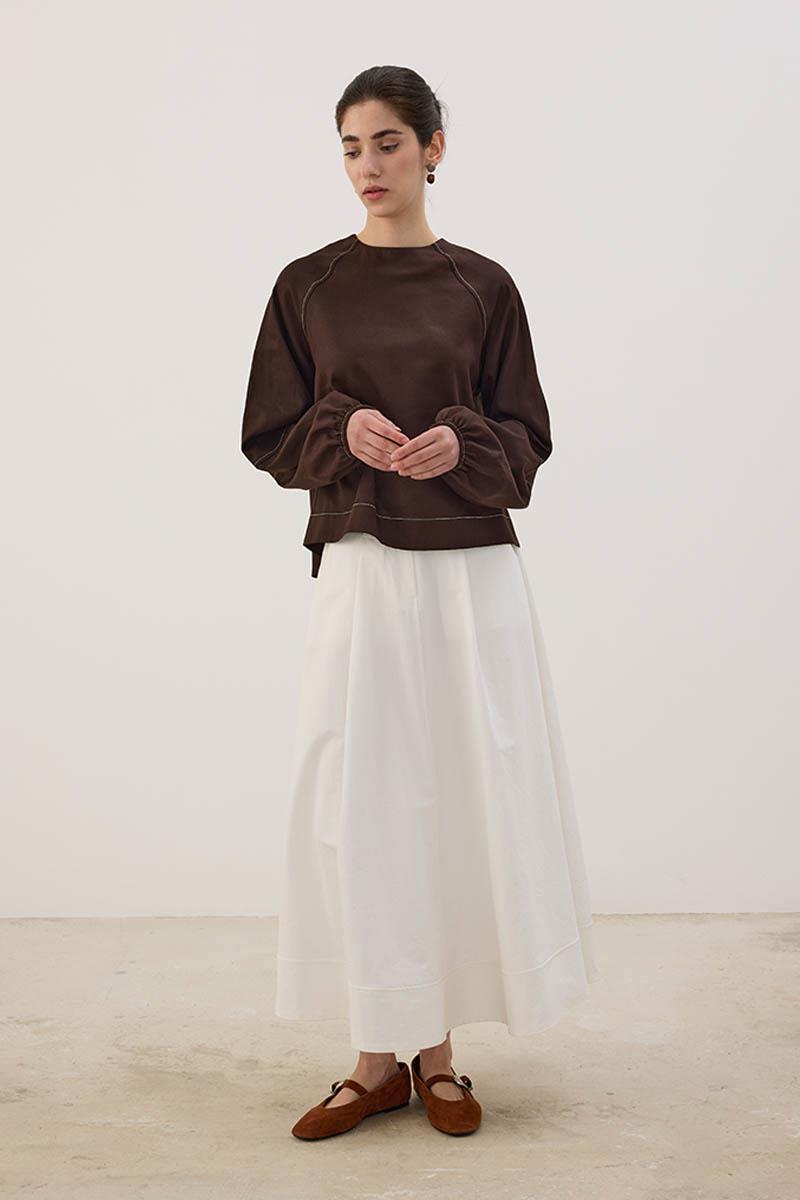 Kontrast Dikişli Keten Bluz Acı kahve