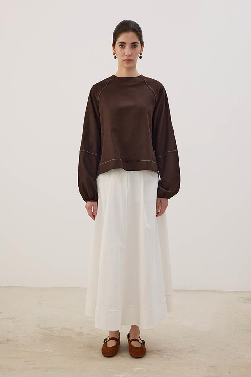 Kontrast Dikişli Keten Bluz Acı kahve