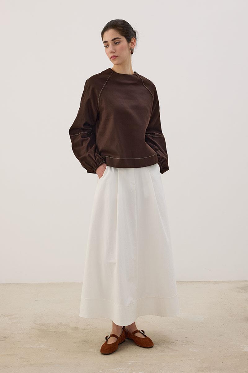 Kontrast Dikişli Keten Bluz Acı kahve