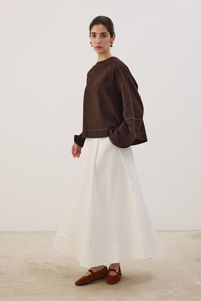 Kontrast Dikişli Keten Bluz Acı kahve