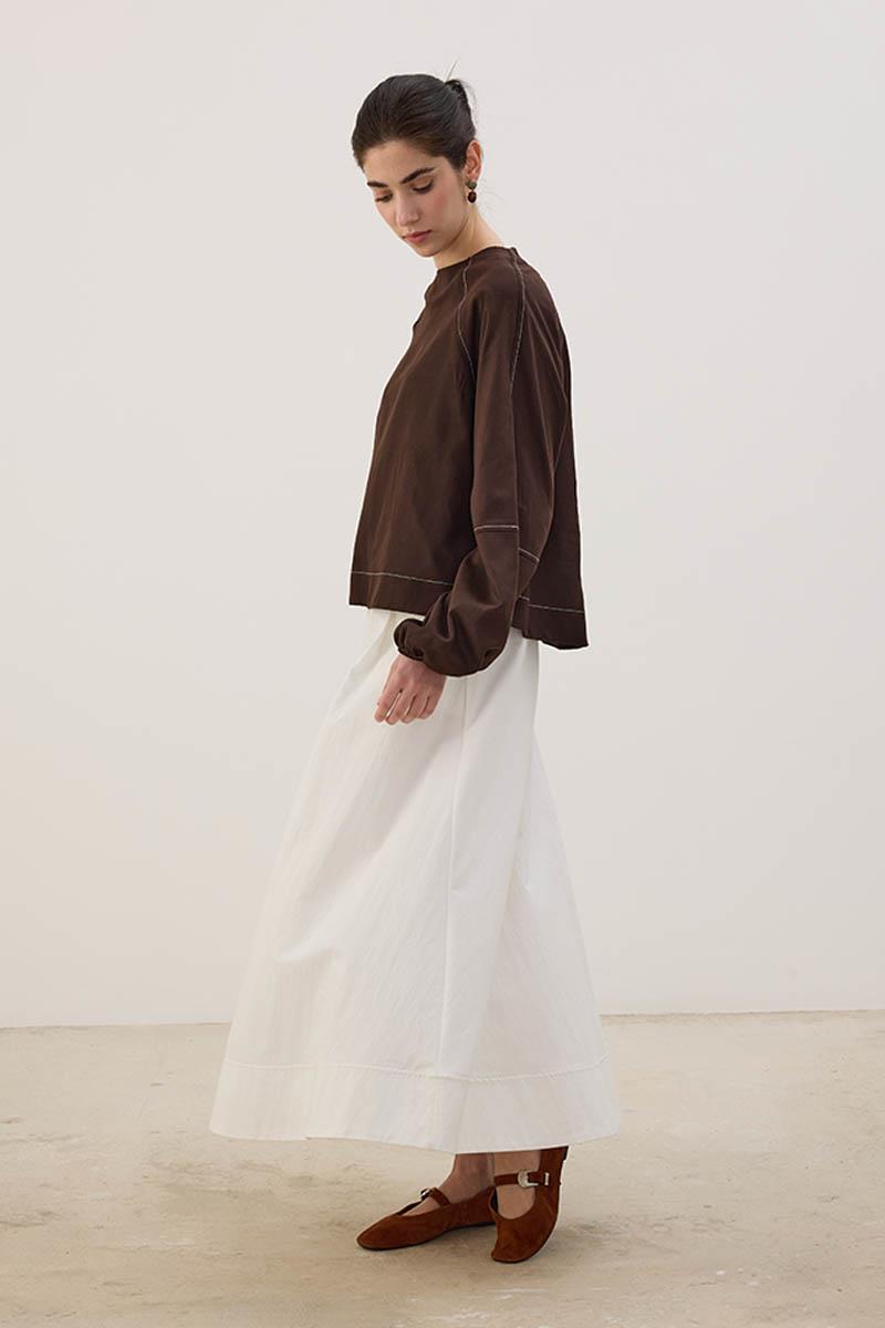 Kontrast Dikişli Keten Bluz Acı kahve