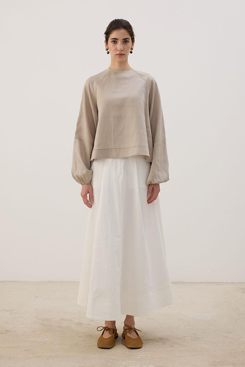 Kontrast Dikişli Keten Bluz Bej