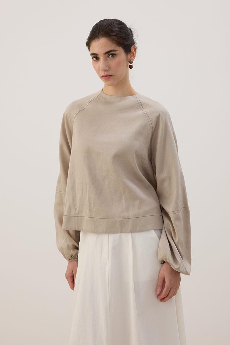 Kontrast Dikişli Keten Bluz Bej