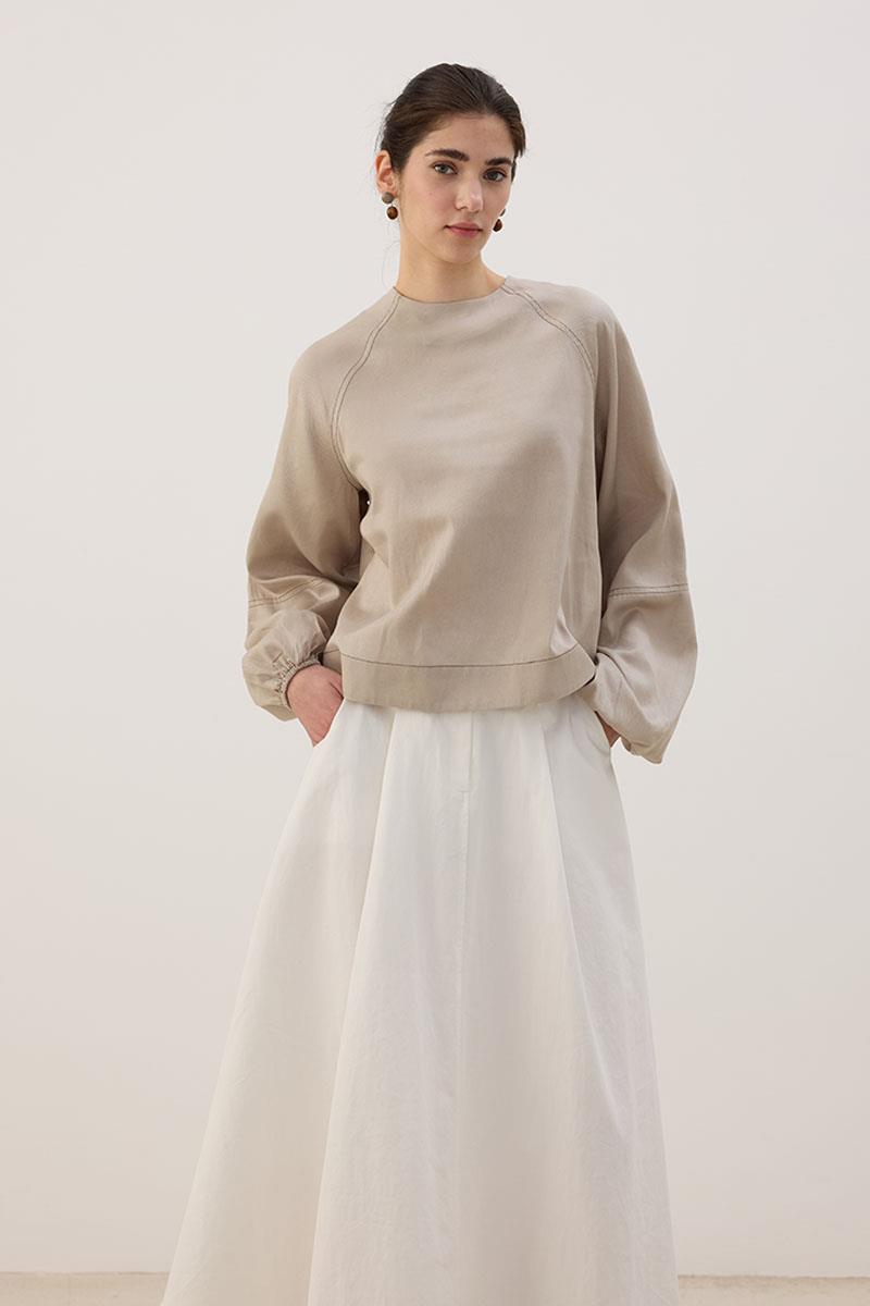 Kontrast Dikişli Keten Bluz Bej