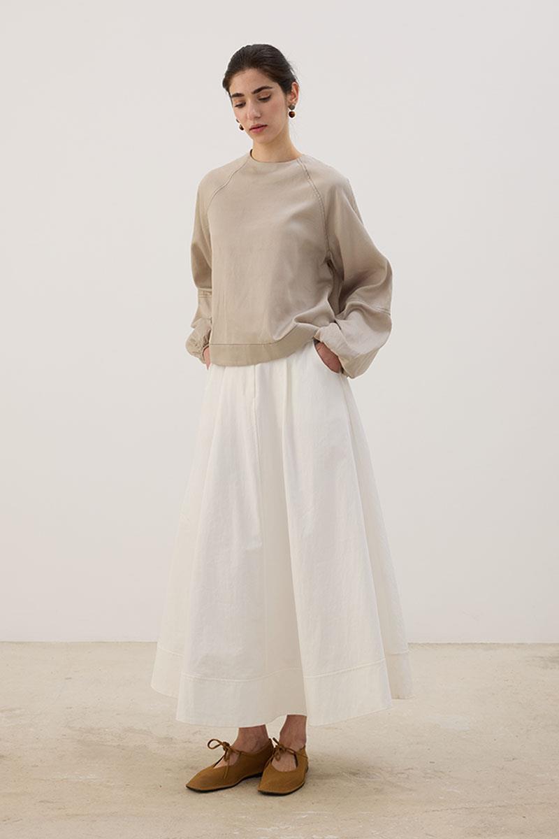 Kontrast Dikişli Keten Bluz Bej