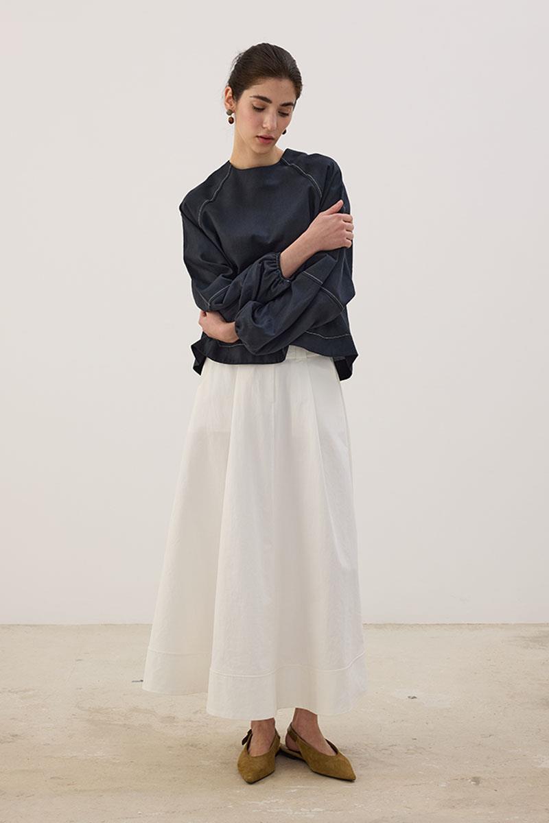 Kontrast Dikişli Keten Bluz Lacivert