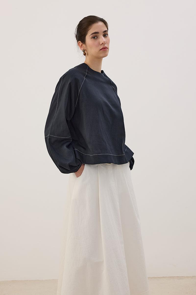 Kontrast Dikişli Keten Bluz Lacivert