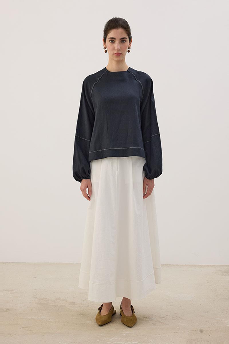 Kontrast Dikişli Keten Bluz Lacivert