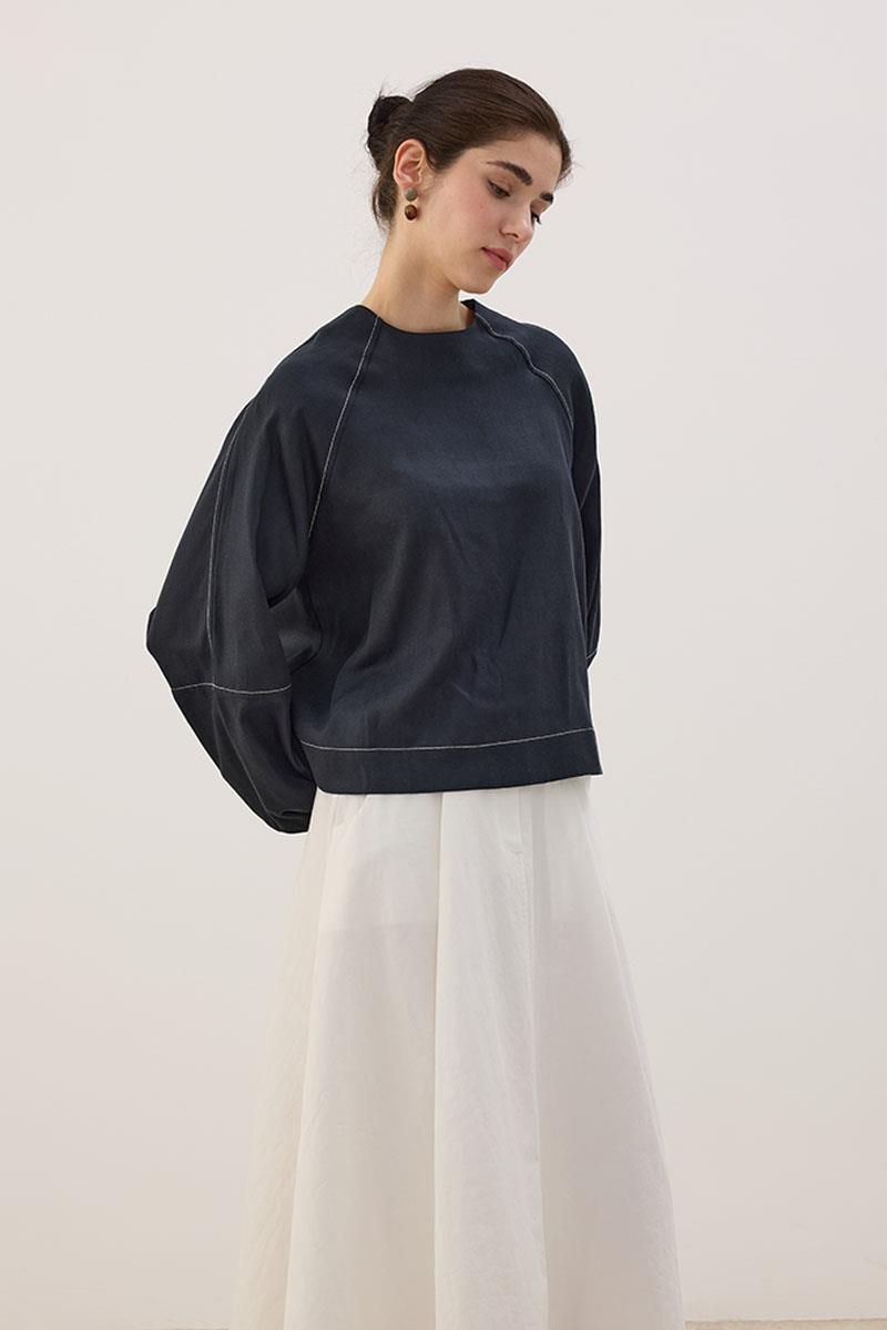 Kontrast Dikişli Keten Bluz Lacivert