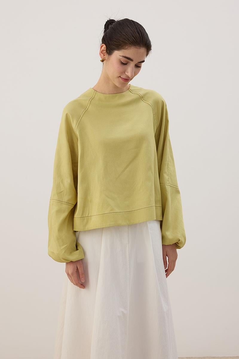 Kontrast Dikişli Keten Bluz Limon Yeşili