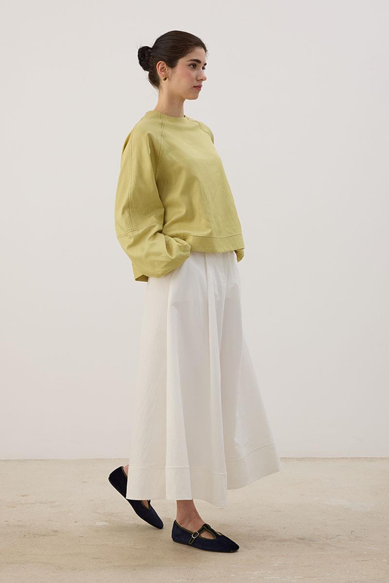 Kontrast Dikişli Keten Bluz Limon Yeşili