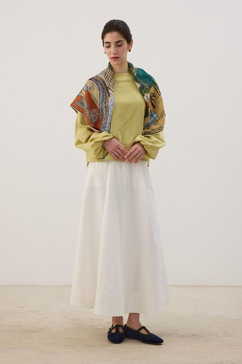 Kontrast Dikişli Keten Bluz Limon Yeşili