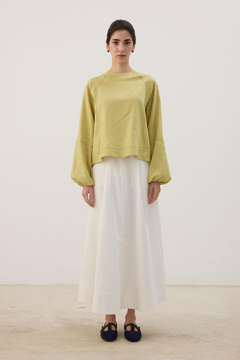Kontrast Dikişli Keten Bluz Limon Yeşili