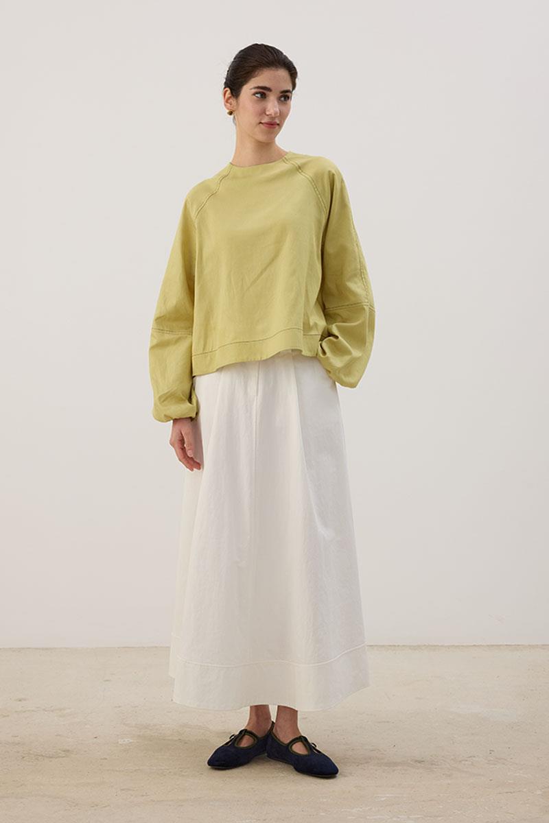 Kontrast Dikişli Keten Bluz Limon Yeşili