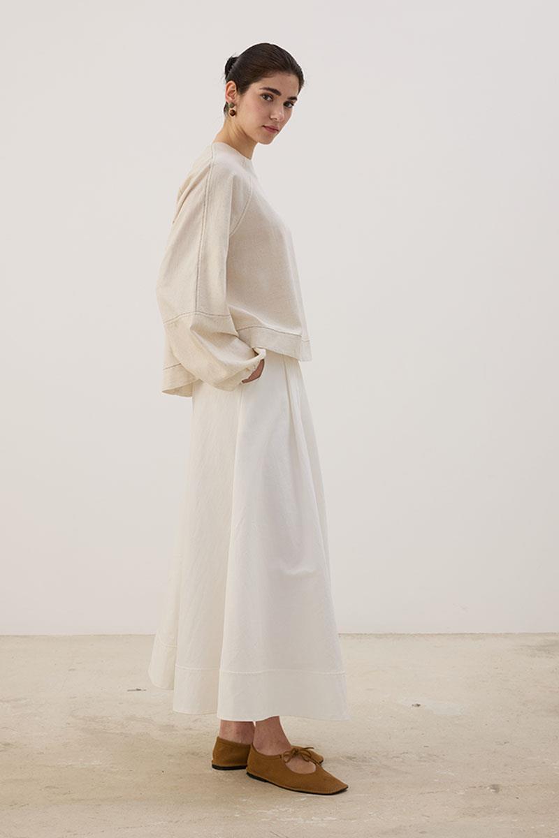 Kontrast Dikişli Keten Bluz Naturel