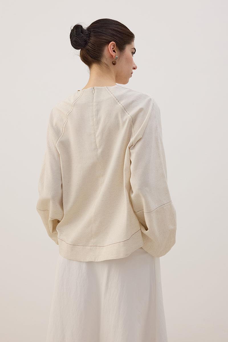 Kontrast Dikişli Keten Bluz Naturel