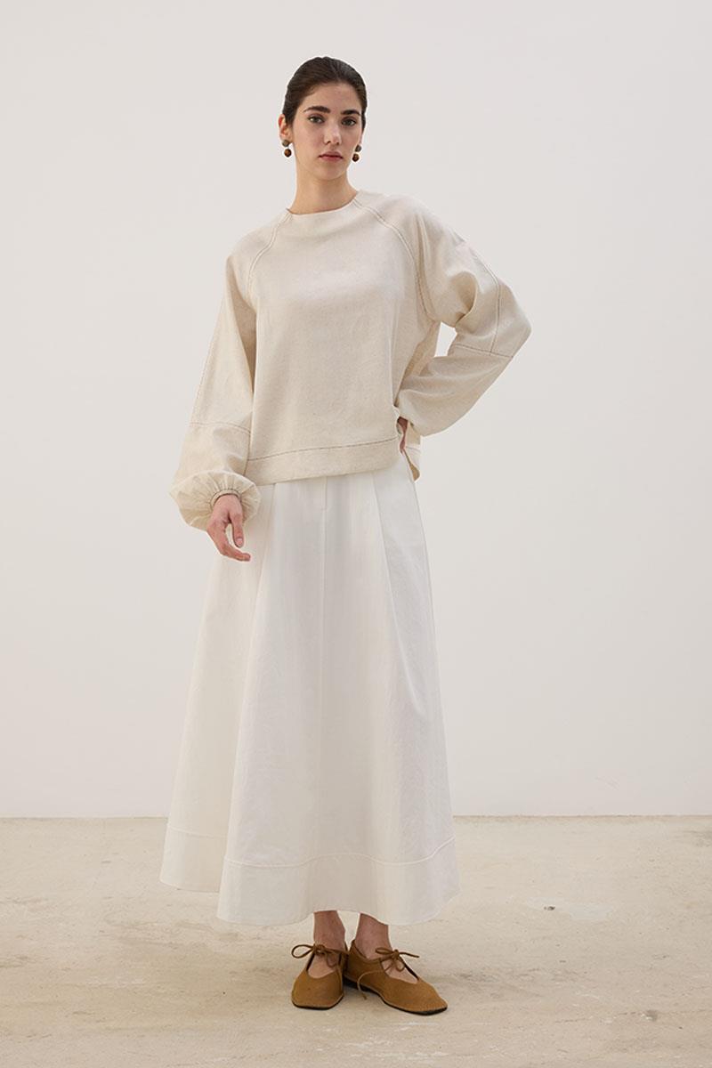 Kontrast Dikişli Keten Bluz Naturel