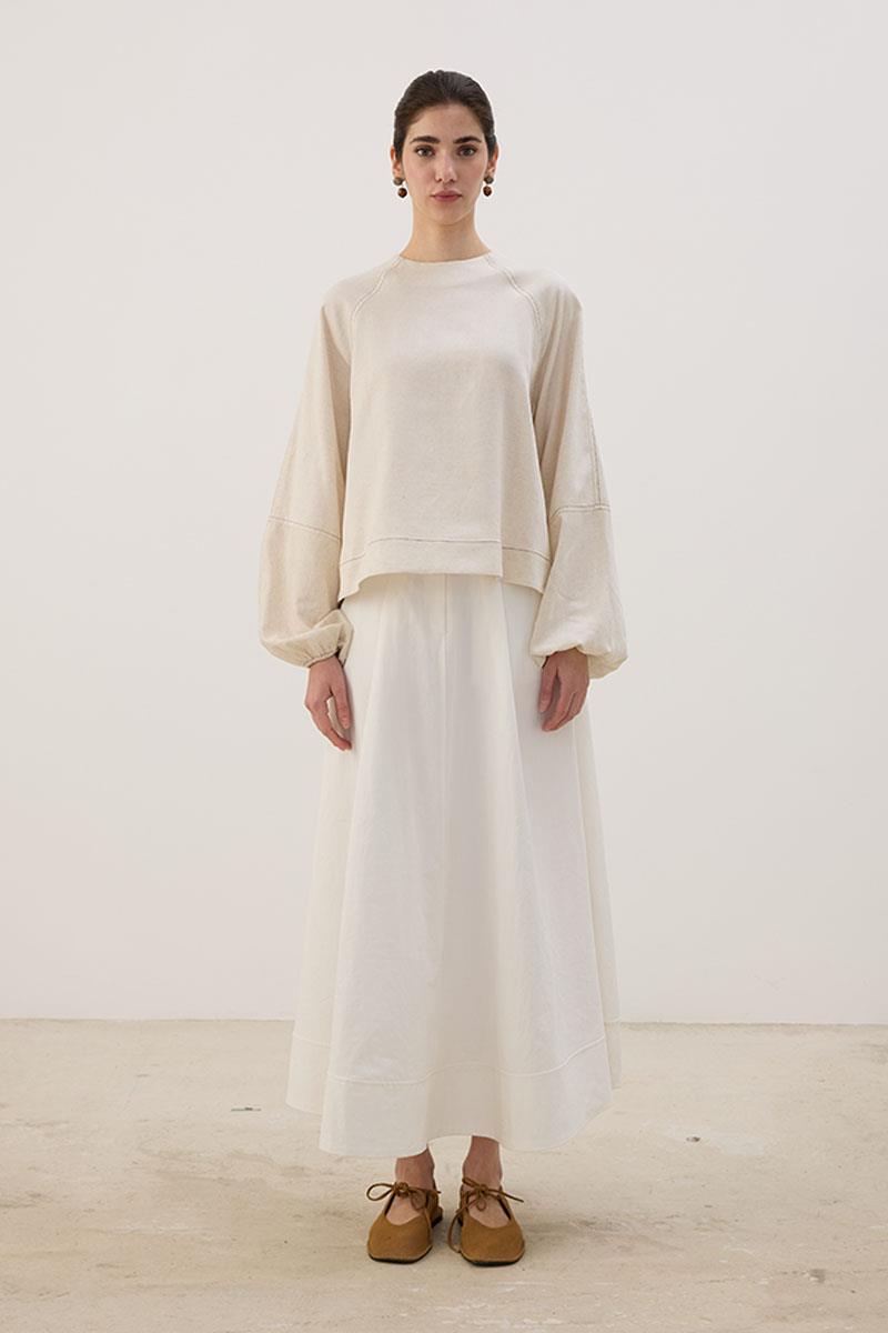 Kontrast Dikişli Keten Bluz Naturel