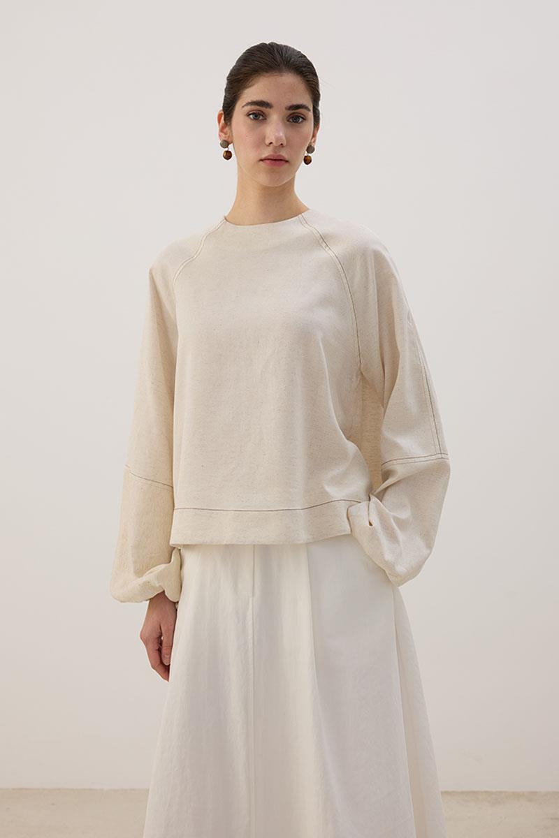 Kontrast Dikişli Keten Bluz Naturel