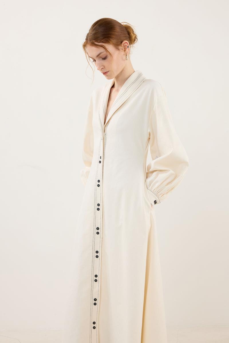 Kontrast Düğmeli Elbise Ekru