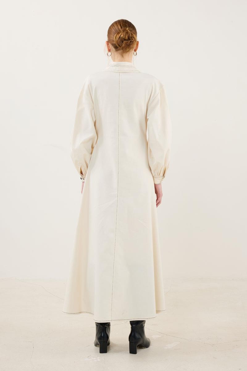 Kontrast Düğmeli Elbise Ekru