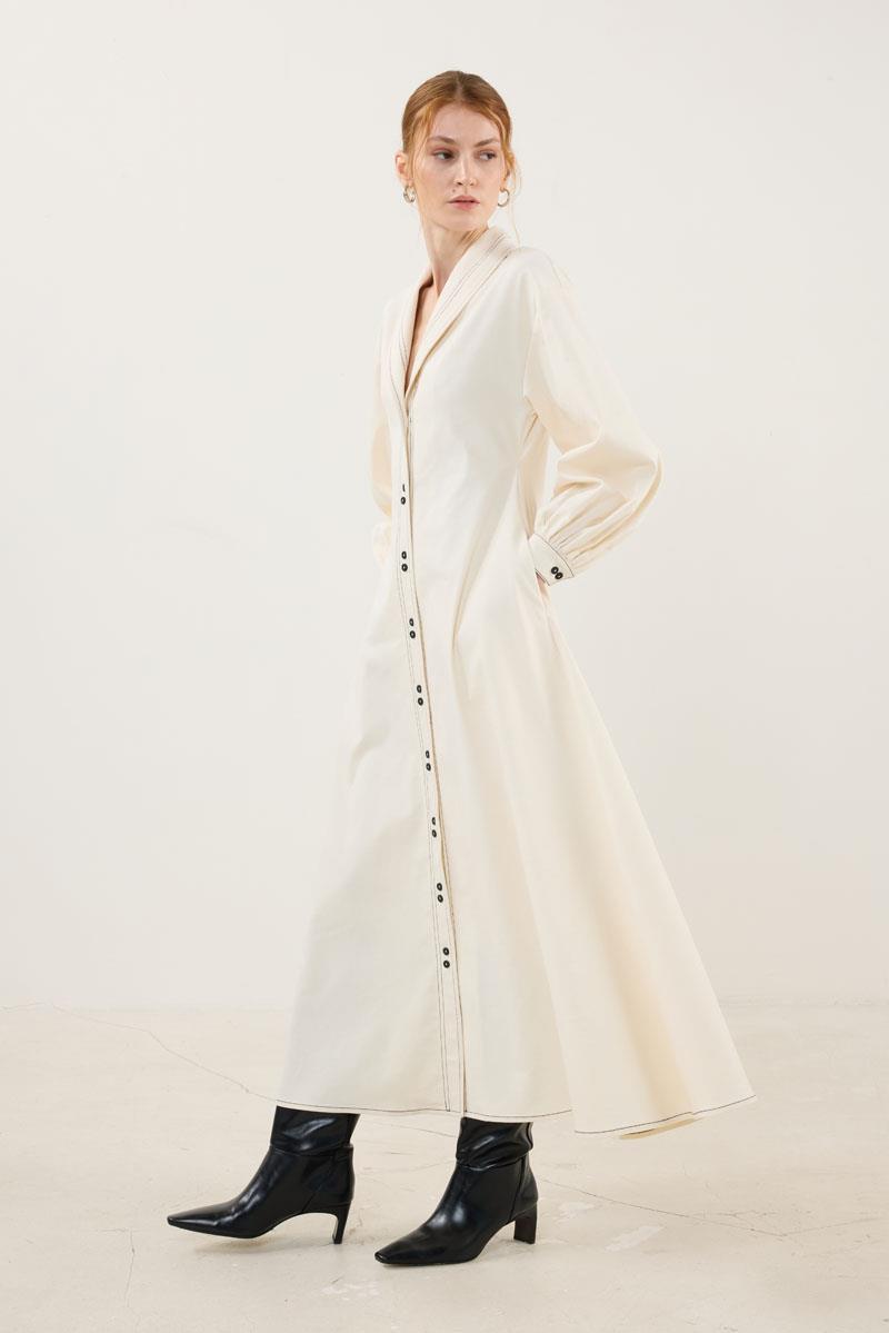 Kontrast Düğmeli Elbise Ekru