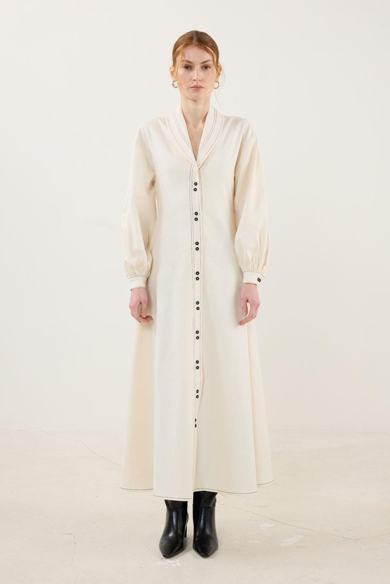 Kontrast Düğmeli Elbise Ekru