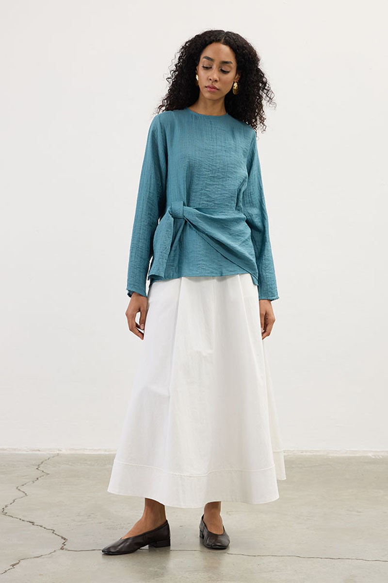 Köprü Detaylı Bluz Retro Mavi