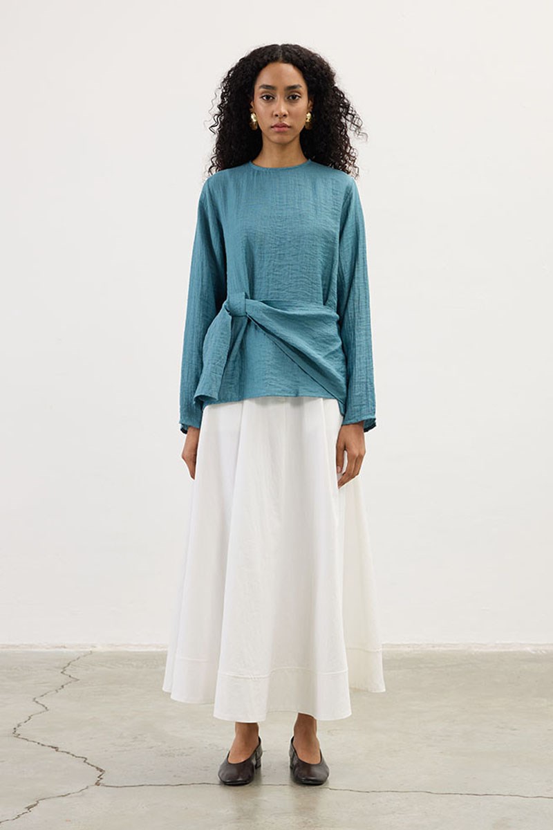 Köprü Detaylı Bluz Retro Mavi