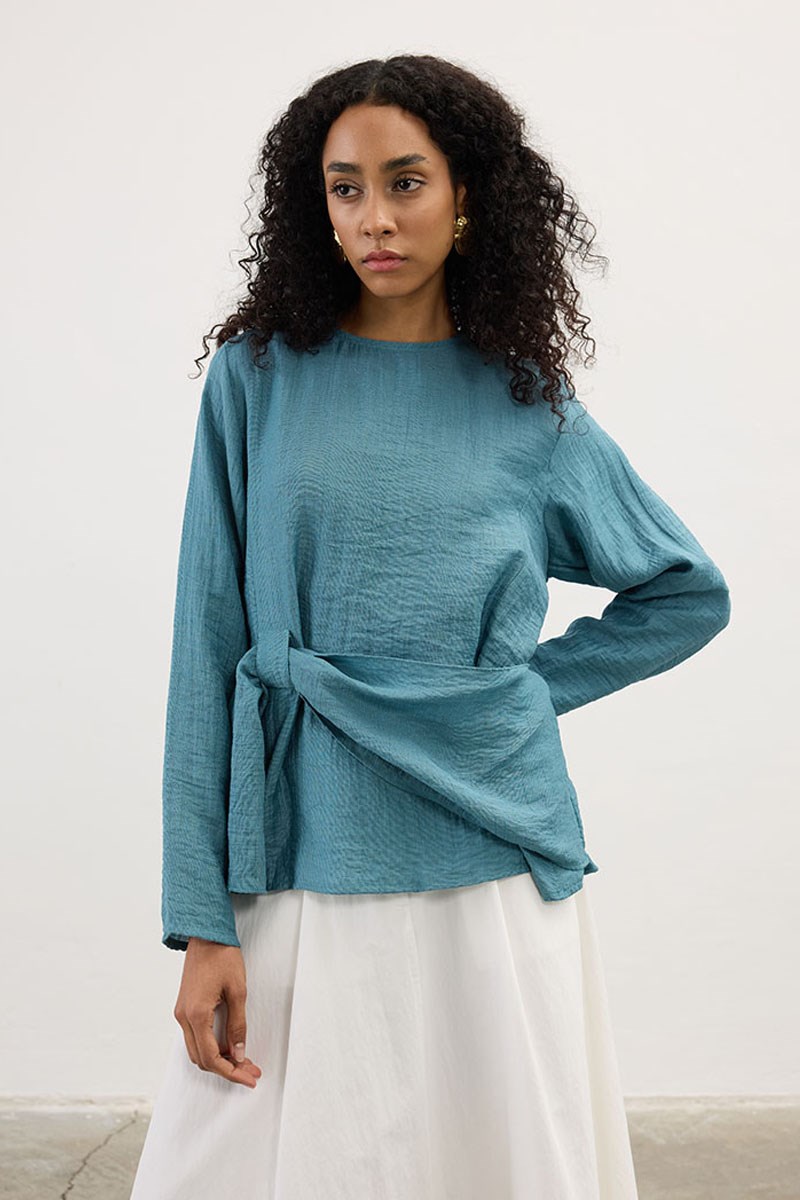 Köprü Detaylı Bluz Retro Mavi