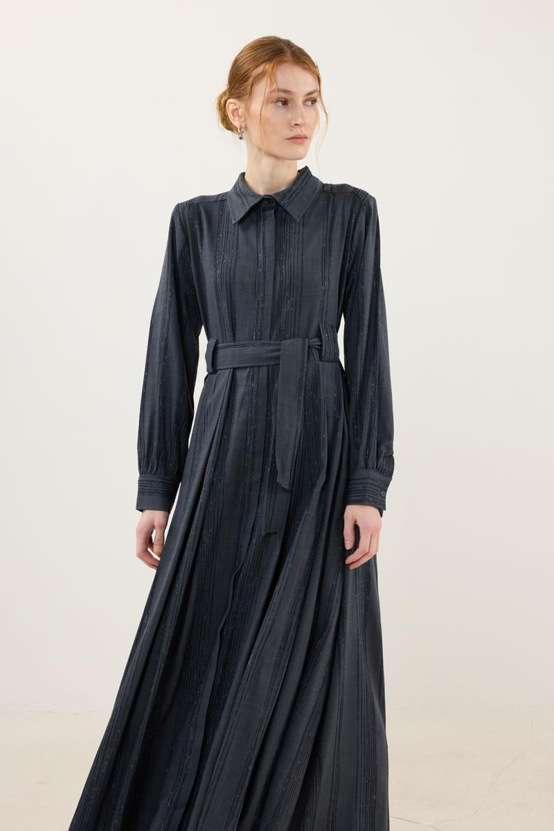 Köprü Detaylı Çizgili Elbise Füme