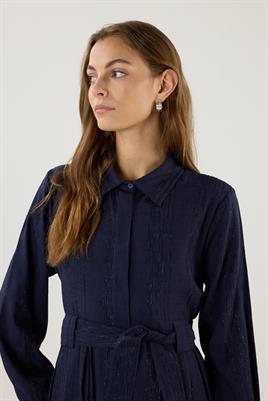 Köprü Detaylı Çizgili Elbise Lacivert